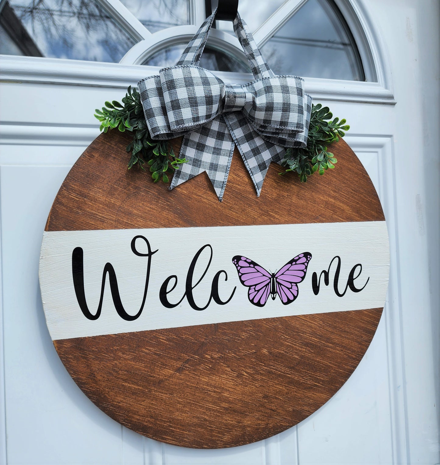 Welcome Butterfly Round Wood Door Hanger Sign Home