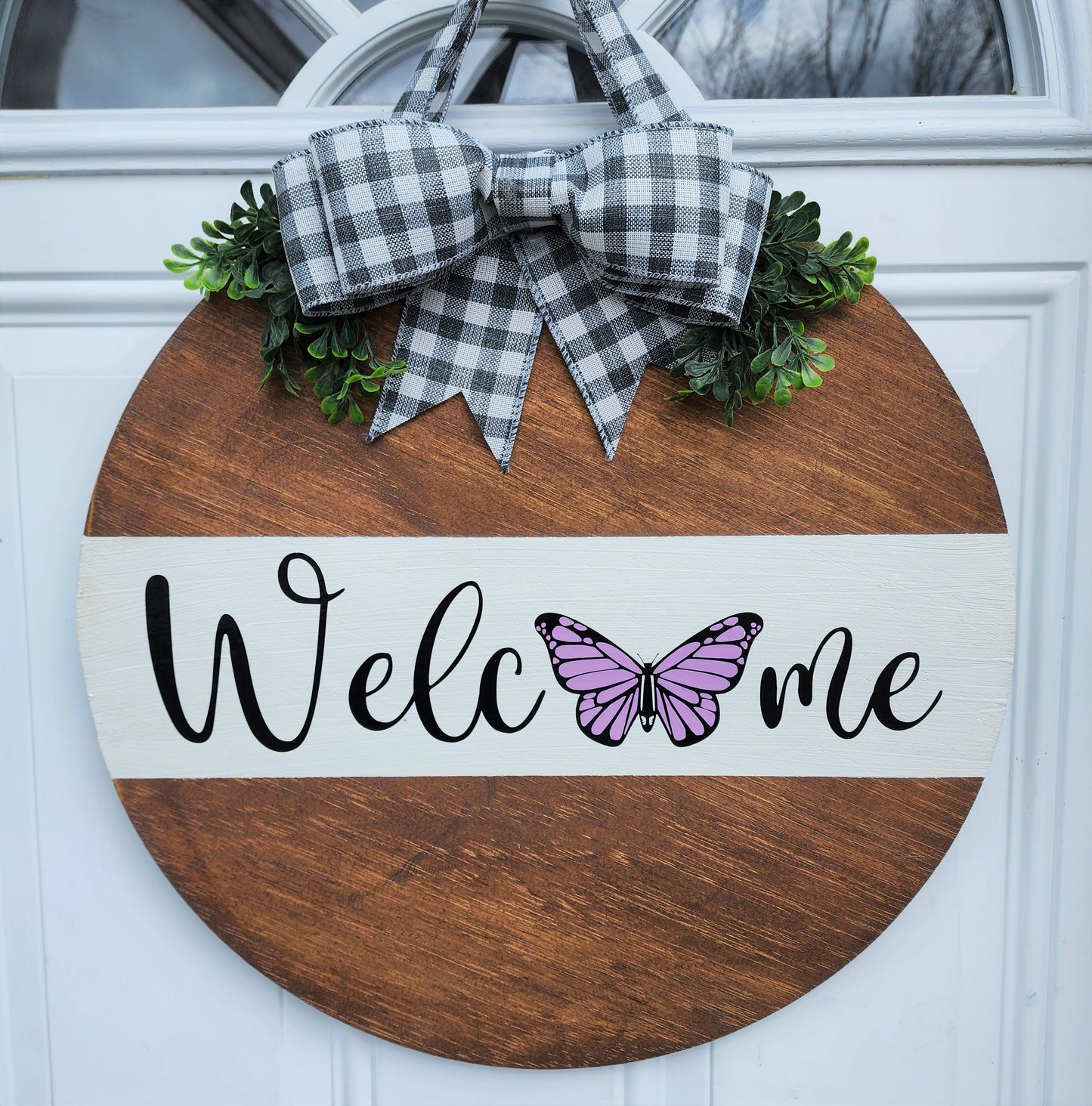Welcome Butterfly Round Wood Door Hanger Sign Home